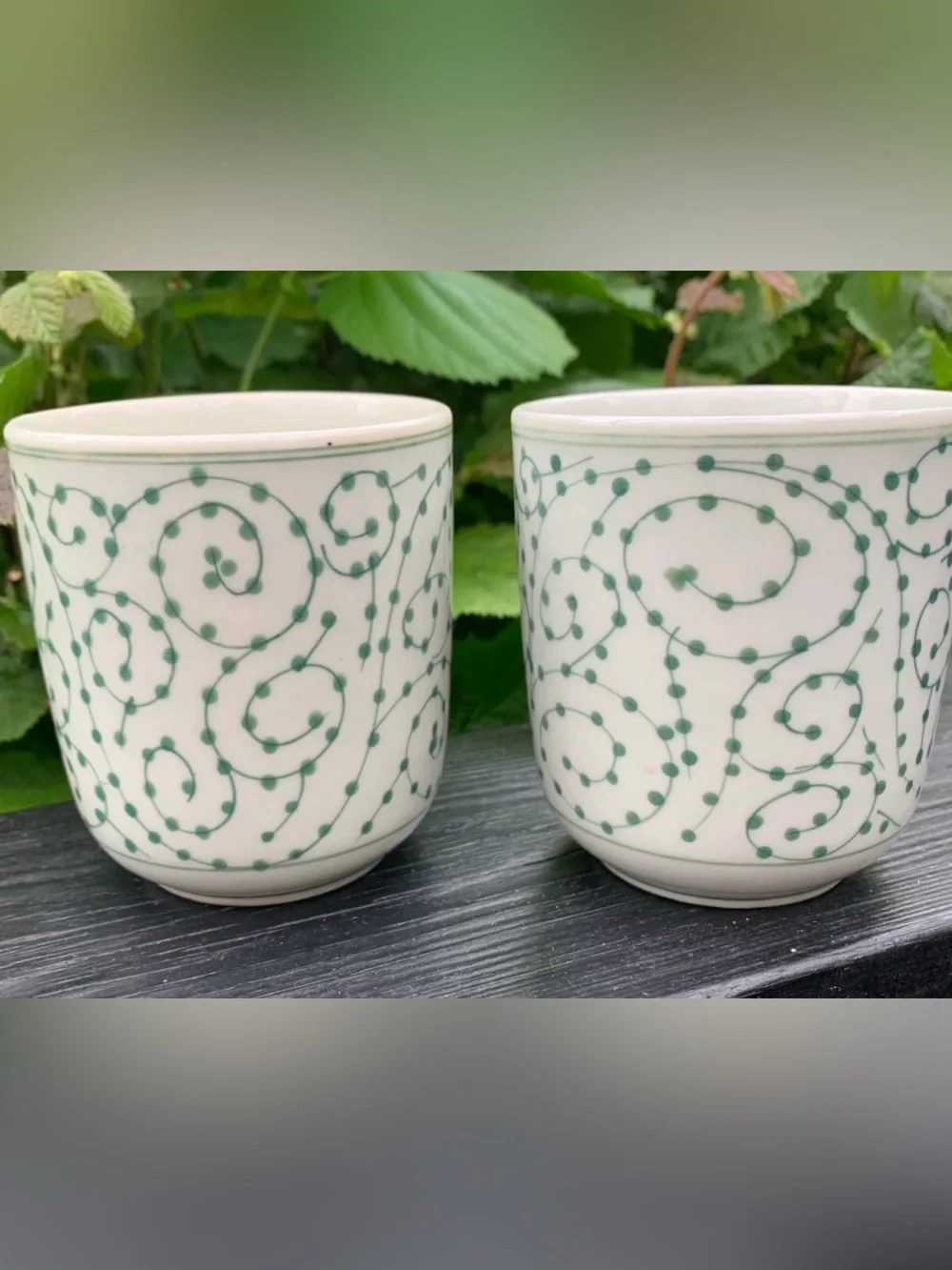 4 IKEA 8oz Entusiasm cups traditional green swirling vine pattern, white ceramic